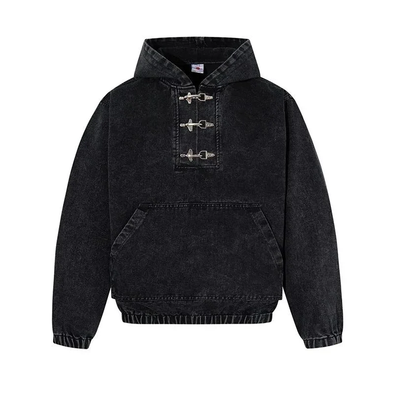 American Style Denim Hoodie Trendy Airplane Button Design Versatile Coats 2026 Spring Autumn Loose Casual Pullovers XDE5