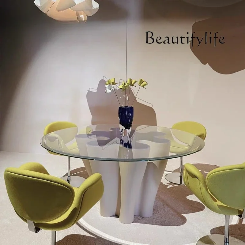 

SS Italian Light Luxury Round Glass Dining Table Art Fiberglass High-end Wave Dining Table Wavy Flower Coffee Table