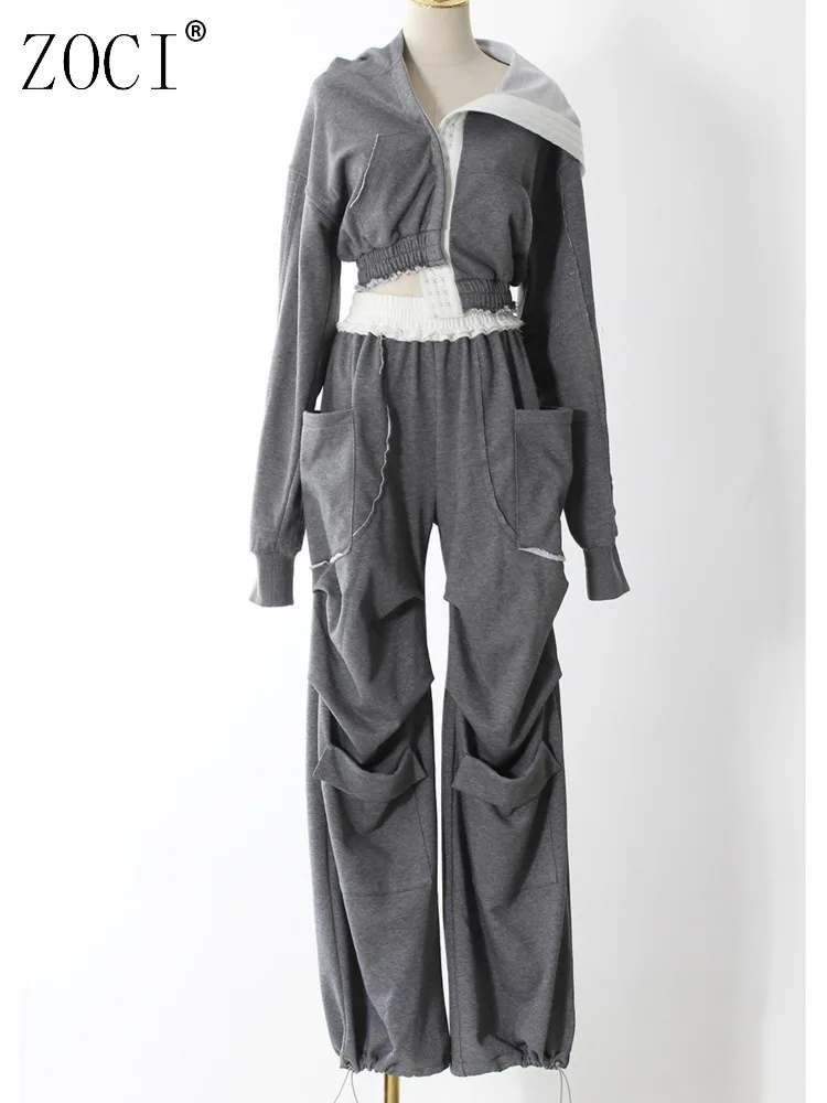 

ZOCI женские серые толстовки, комплекты из 2 предметов, спортивные штаны с карманами и высокой талией, однотонные плиссированные комплекты широких брюк, новинка 2025 года, FC1353