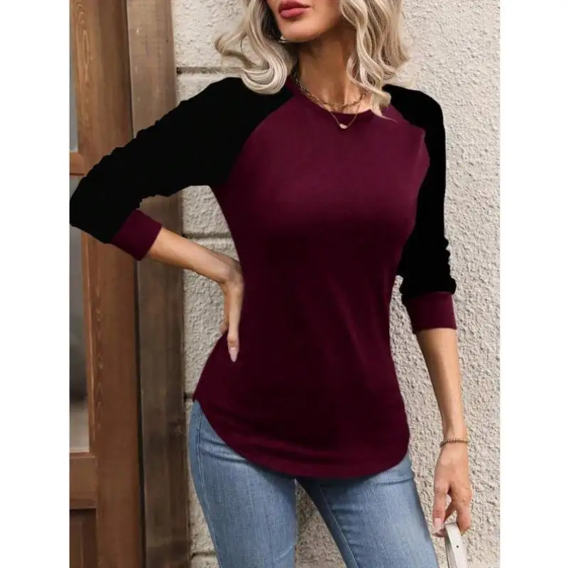 

New Women's Casual Color Blo Long Sve T-irt oulder Width Adjusent Ci Walk PU Leather Seven Sve Length Brandl