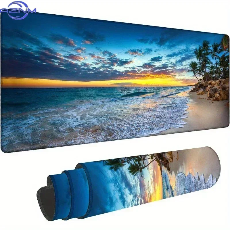 Ocean Sunset Seaside Landscape Mouse Pad, Large XL Tropical Palm Beach Desk Mat, Non-Slip Rubber Lock Edge Gaming Keyboard Mouse