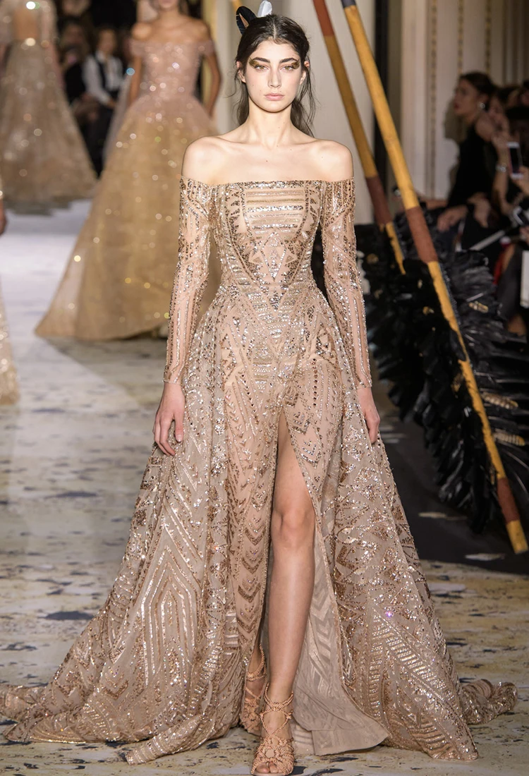 2128 Sexy Zuhair Murad Off The Shoulder Long Sleeves Gold Beaded  vestidos de noche vestidos de galaevening dresses فستان العيد