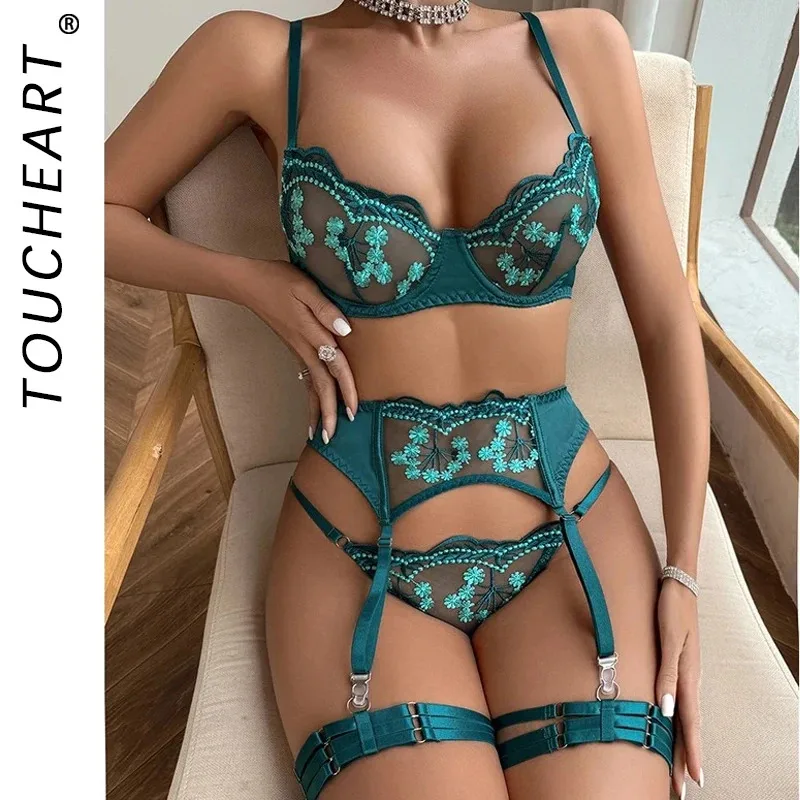 

Toucheart 4-Piece Set Embroidered Patchwork Sexy Body-Shaping Lingerie For Women Hard Garter Belt Lace Bra Ladies Sexy Underwear