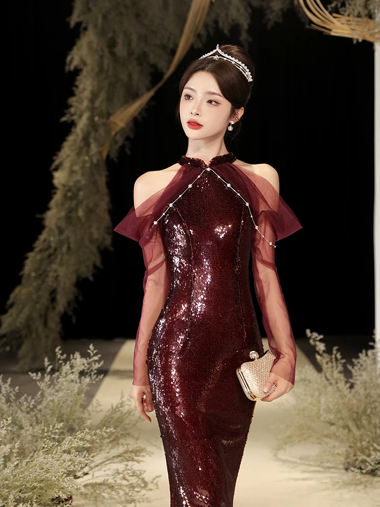 

Вечернее платье цвета красного вина с пайетками, роскошное, высококачественное, для торжественных мероприятий, с вырезом халтер