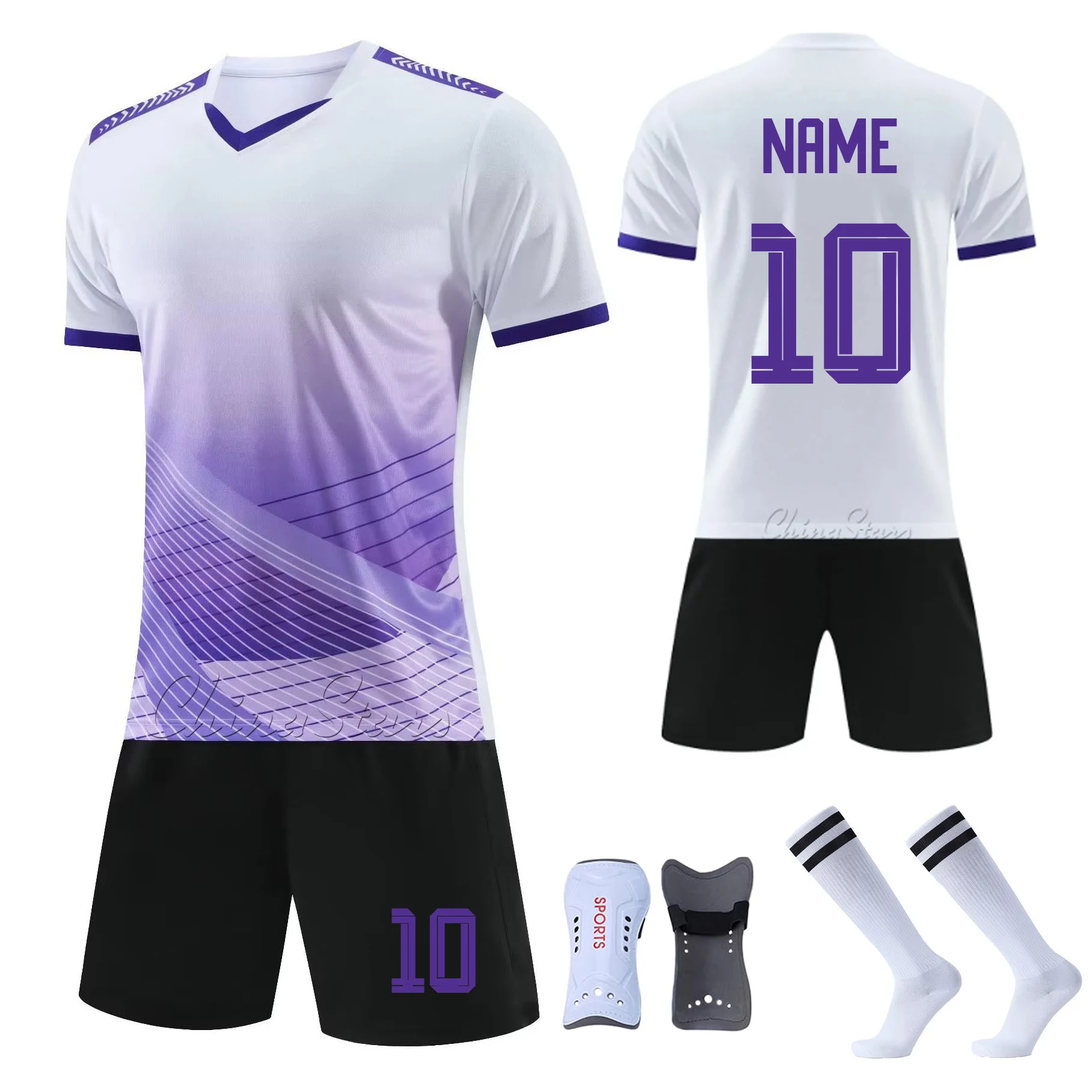Adult Boys Football Jerseys Shorts Socks+1Pair Shin guards Pads Women Soccer Clothes football Men athlete Training Kits Clothing