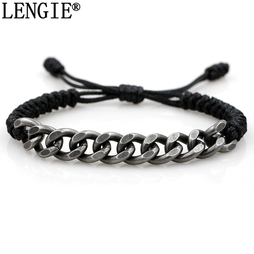 LENGIE Cable Curb Link Stainless Steel Vintage Chain Skull Bracelet Adjustable Rope Bracelet For Men Women Lovers Couple jewelry