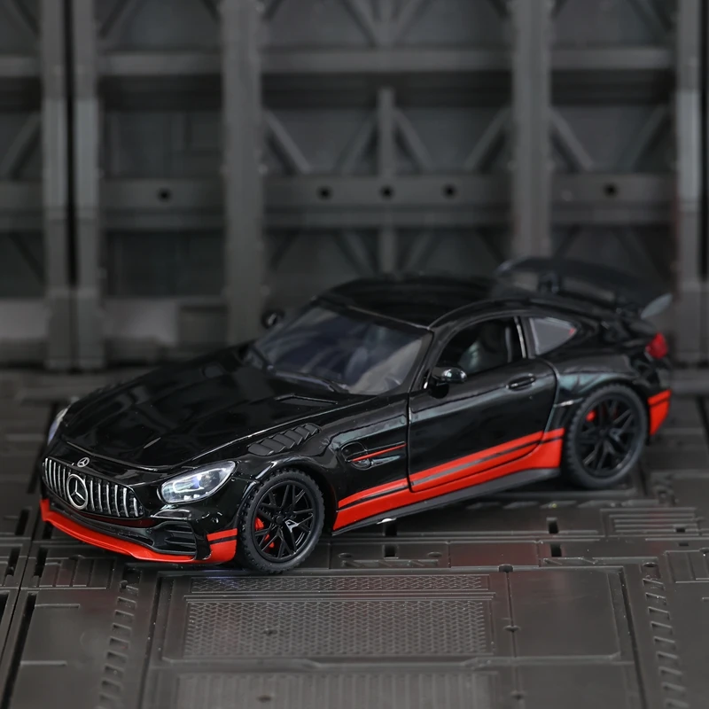 1:32 Mercedes-Benz AMG GT-R track version alloy car model gifts acousto-optic pull-back toy door and hood trunk can be opened
