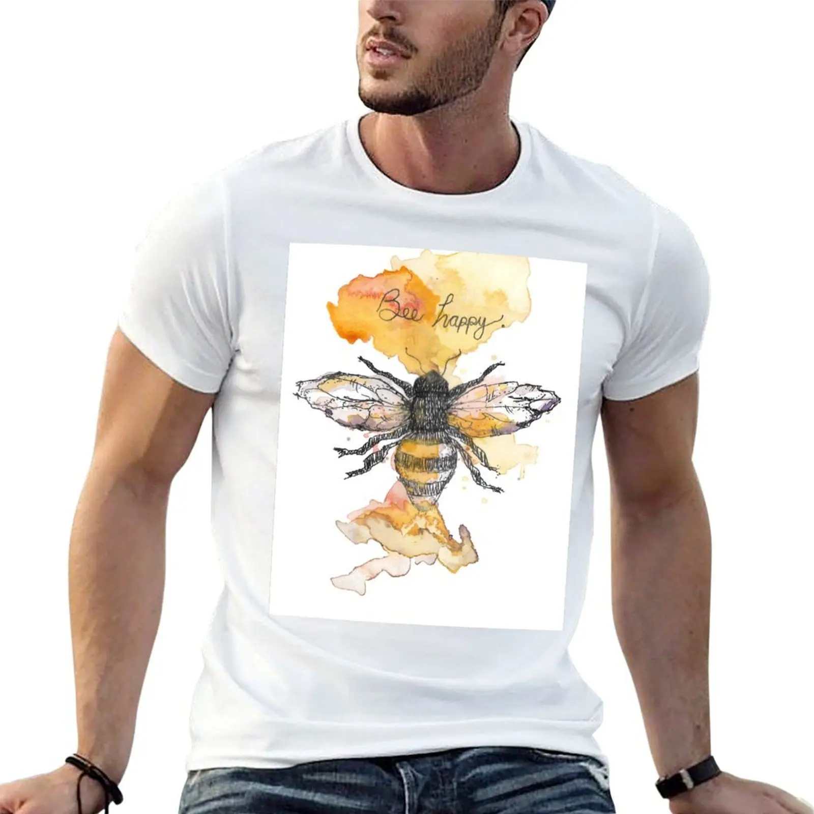 

Bee Happy T-Shirt funny t shirts cotton mens graphic t shirts black cotton t-shirt plain for man package T-shirt