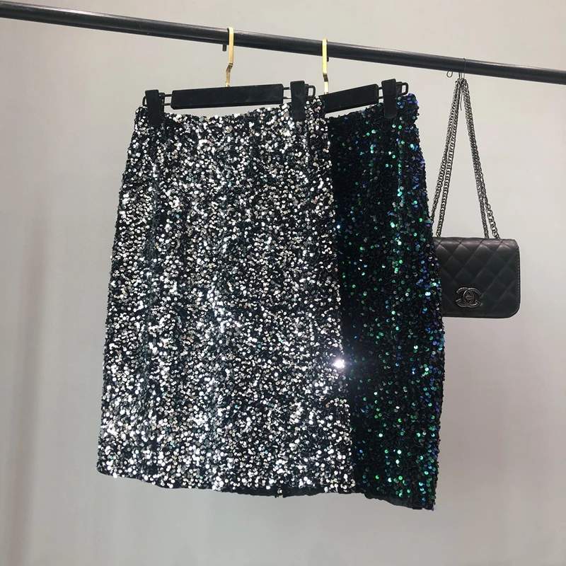 Spring New Ladies Sequin Skirt High Waist Slim Mid Length Over Knee Skirt Sparkling Sequin Elastic Waist Skirt