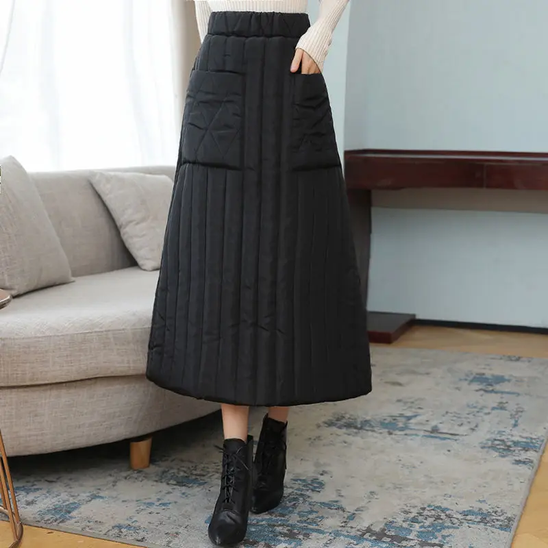 Down Cotton One Piece Skirts Casual A-line Y2k Faldas Women Clothing Autumn Winter Casual Windbreak Mid Long Skirt Elastic Waist