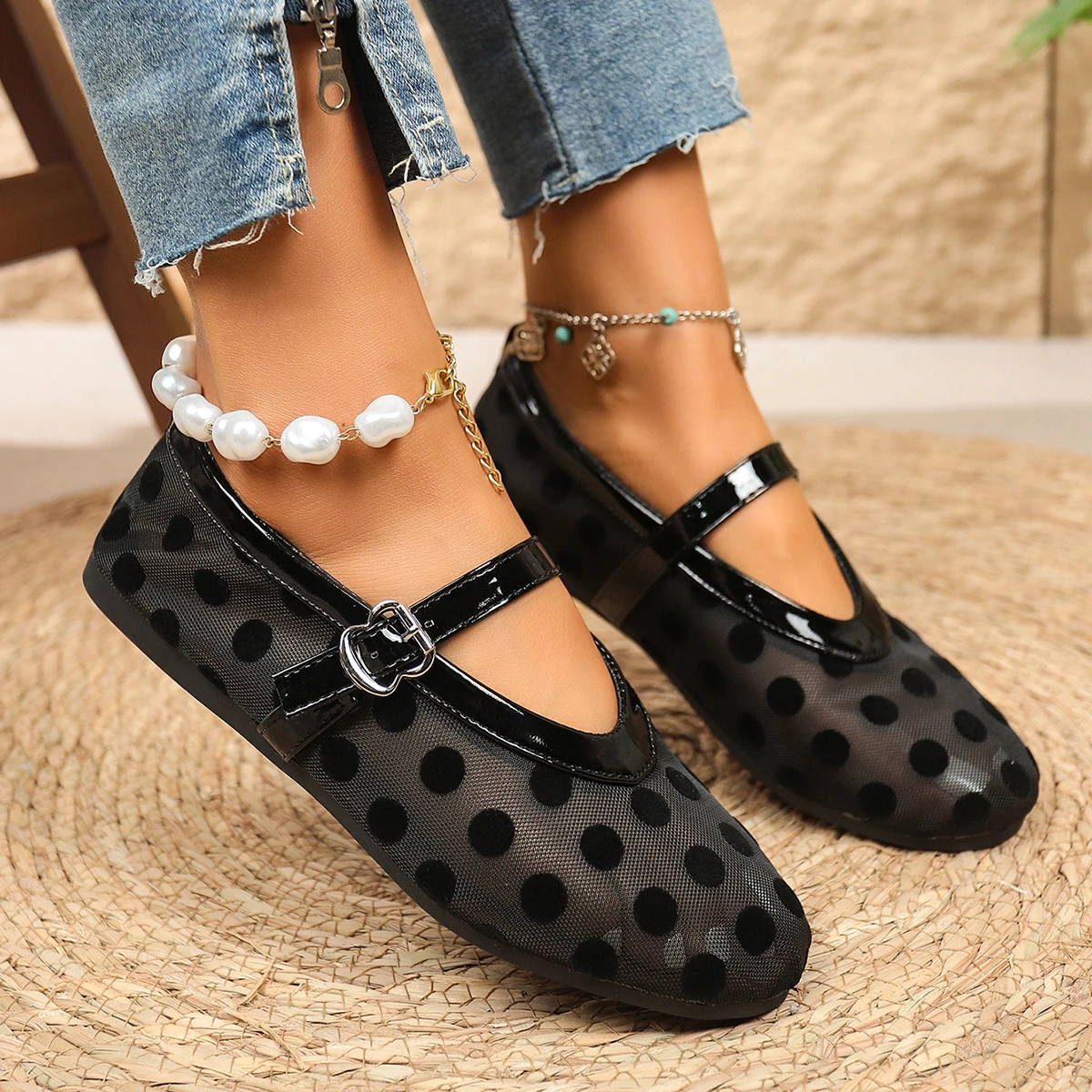 2026 Damen Ballerinas mit Netzstoff und Polka Dots, Vintage Mary Jane Schuhe mit runder Zehenpartie, Übergrößen Damenschuhe Größe 36-43 – Detail 5