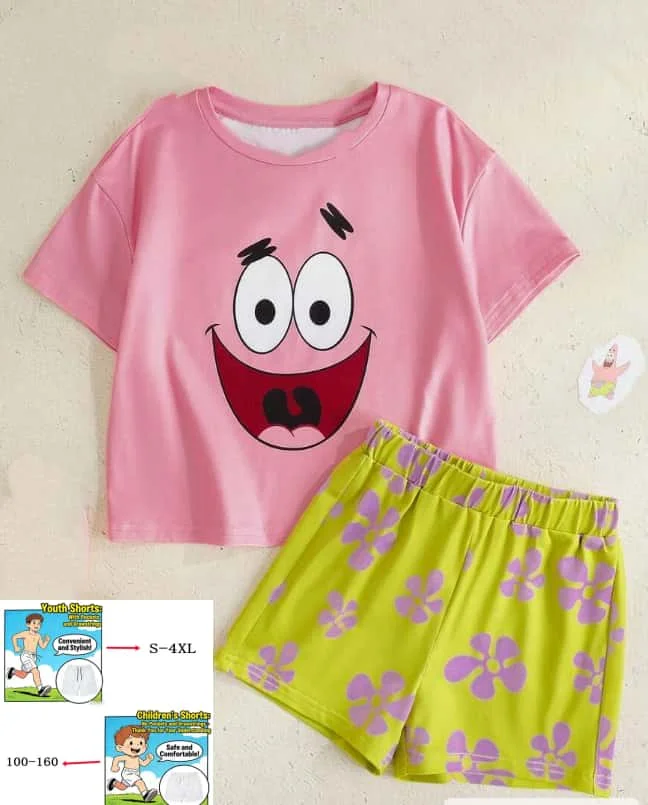 2026 Neue Sommer-Mode Patrick Star Expression Kinder- und Erwachsenen-Partnerlook 3D Kurzarm-Shorts-Set Übergröße – Detail 5