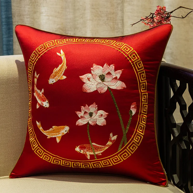 Cushion Cover Decorative Pillow Case 50x50 New Chinese Luxury Silk Embroidery Bird Flora Elegant Coussin Sofa Bedding Decoration