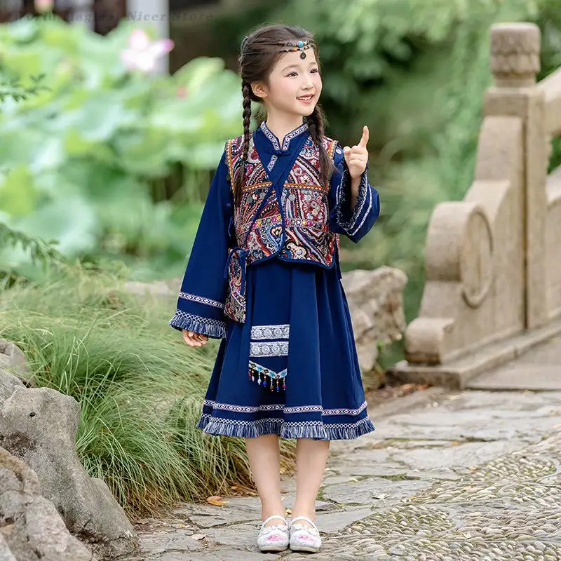 Children's Ethnic Minority Clothing for Boys Girls Hanfu Zhuang Dai Miao Yi Ethnic Style Performance Costumes Retro Tang Suit