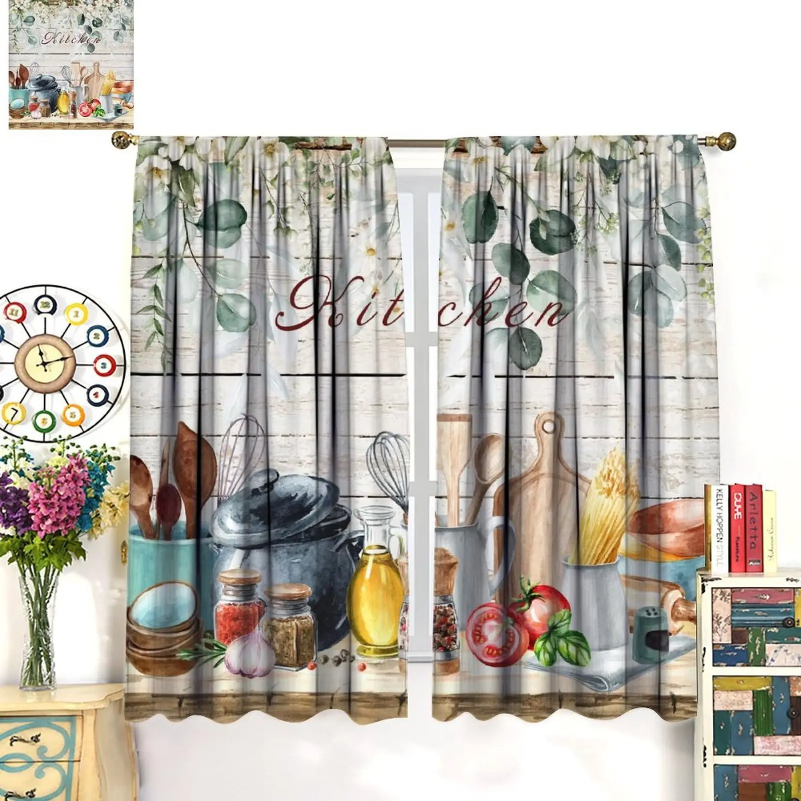 Eucalyptus Leaf Curtains 27.5x39 Inch 2 Panels, Rustic Country Short Window Curtains 80% Light Blocking for Kitchen Bedroom Cafe