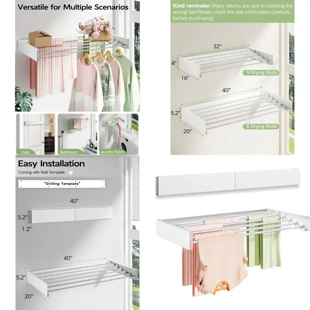 

40 Складная сушилка для внутреннего настенного крепления, складная экономия места для стирки с 6 стержнями, белая
