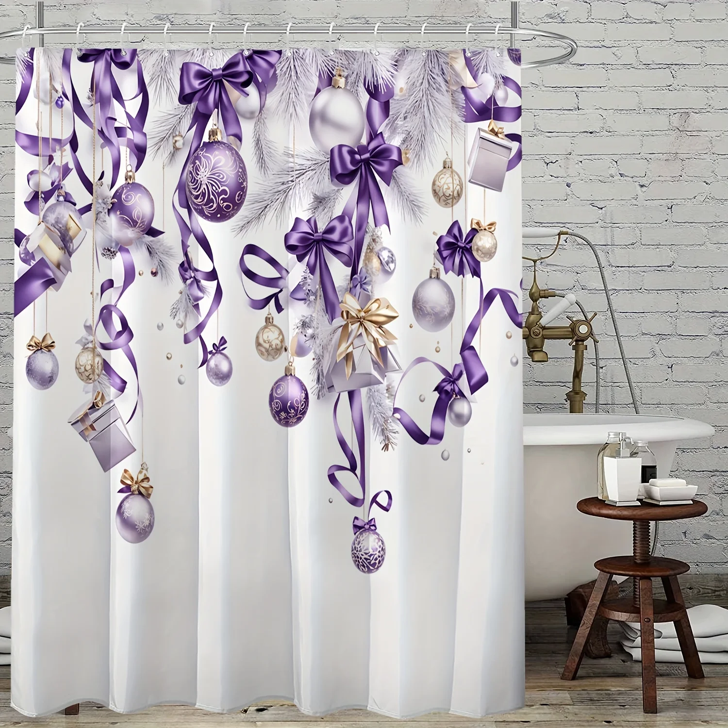 

Рождественский комплект занавесок для душа с крючками, водостойкая полиэстеровая занавеска для ванной 71x71 дюймов, фиолетовые декоративные украшения и лента
