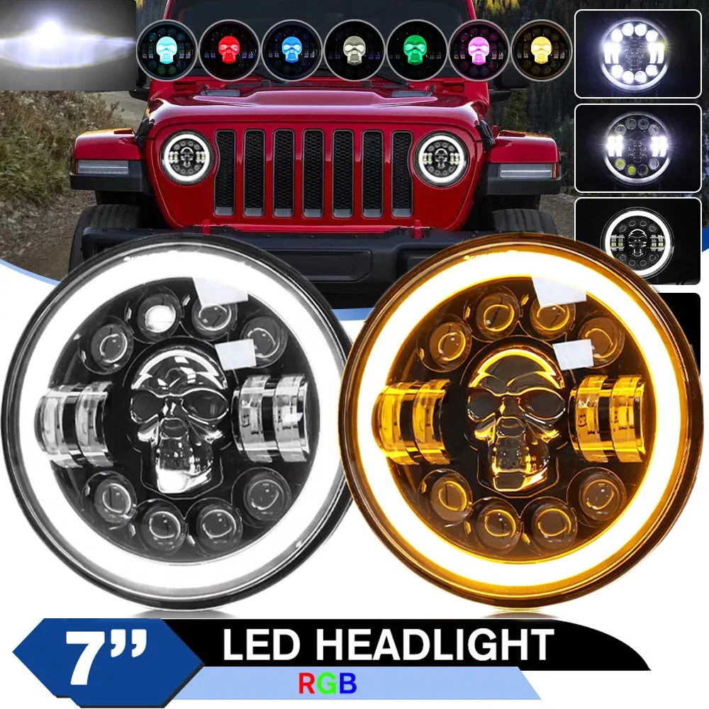 

Round 7 Inch LED Motorcycle Headlamp 12V 24V Skull Design Automatic Turning Lights Compatible with Harley Davidson For 4X4 Jeep