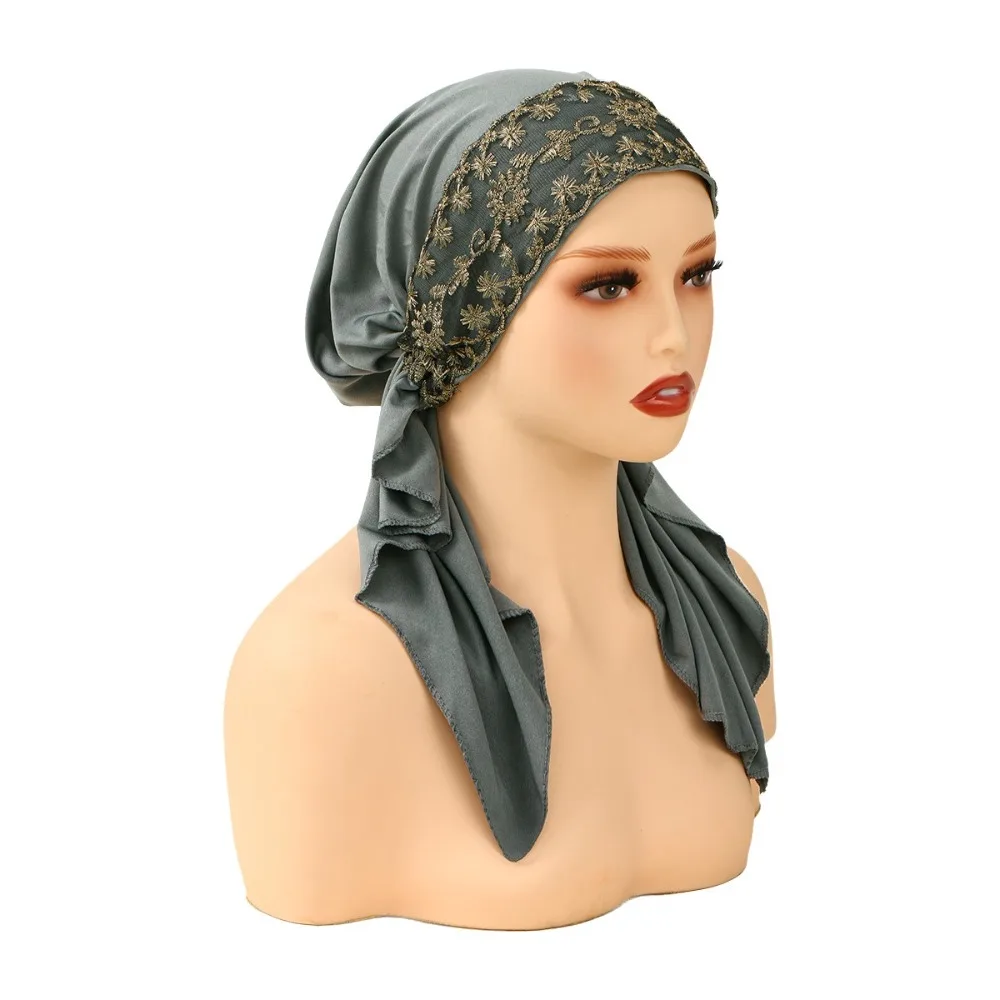 Fashion Elegant Instant Hijab Lace Embroidery Elastic Tie Back Inner Cap Golden Stripes Undercap for Women
