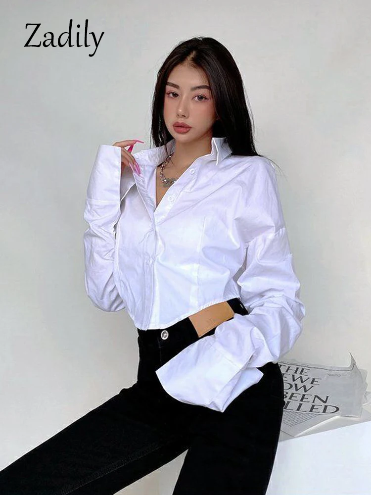 Zadily 2025 Spring Korean Style Long Sleeve White Shirt Women Sexy Button Ladies Crop Tops Blouse Street New In Female Clothing