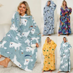 Fleece Thick Warm Women's Pajamas Winter Homewear Casual Loungewear Long Hoodies Plush Giant Blanket with Sleeves Adult Pullover