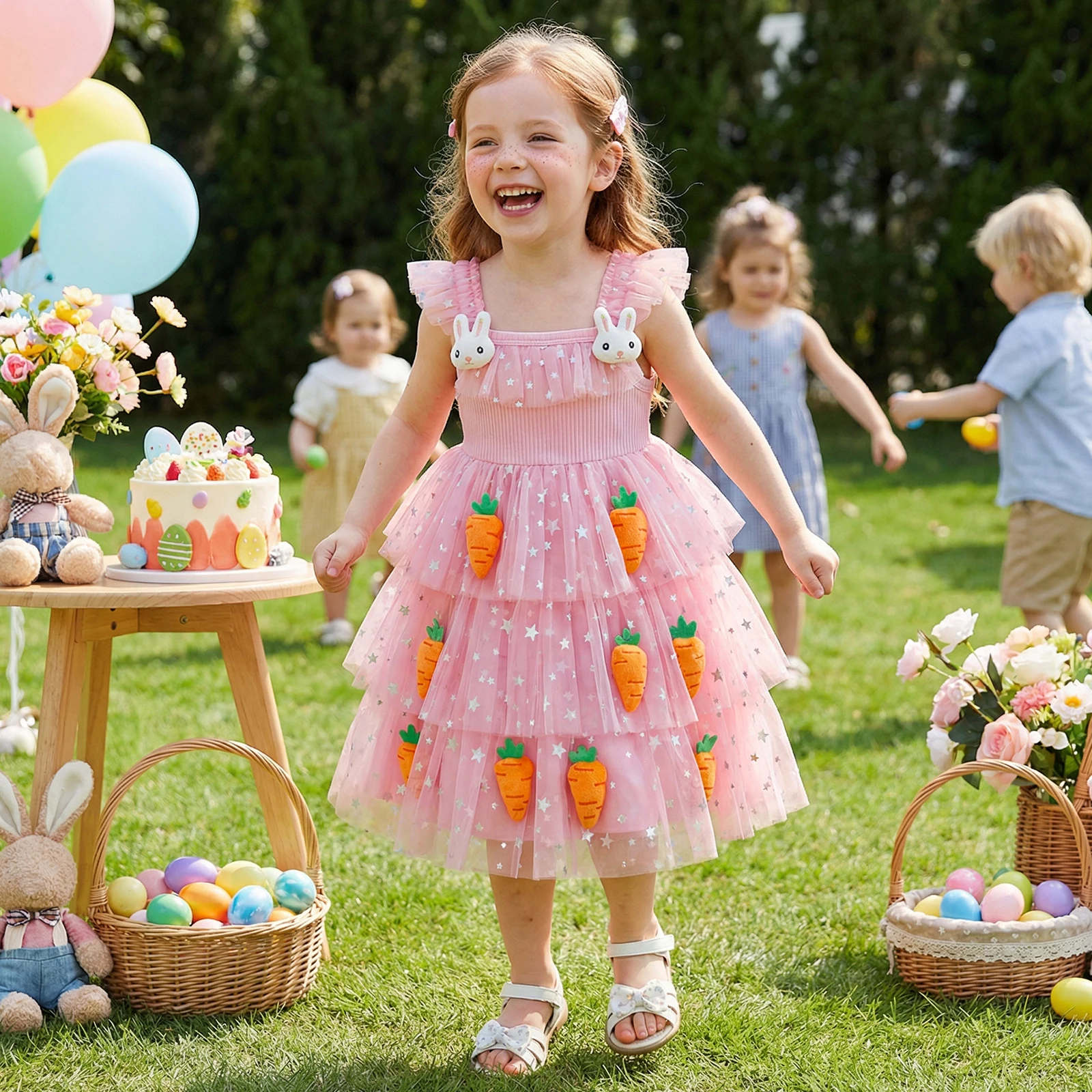 1-6Y Toddler Girls Easter Tutu Lace Dress Adorable Flying Sleeve Square Neck 3D Carrot Bunny Tulle Princess Party Dress Costume