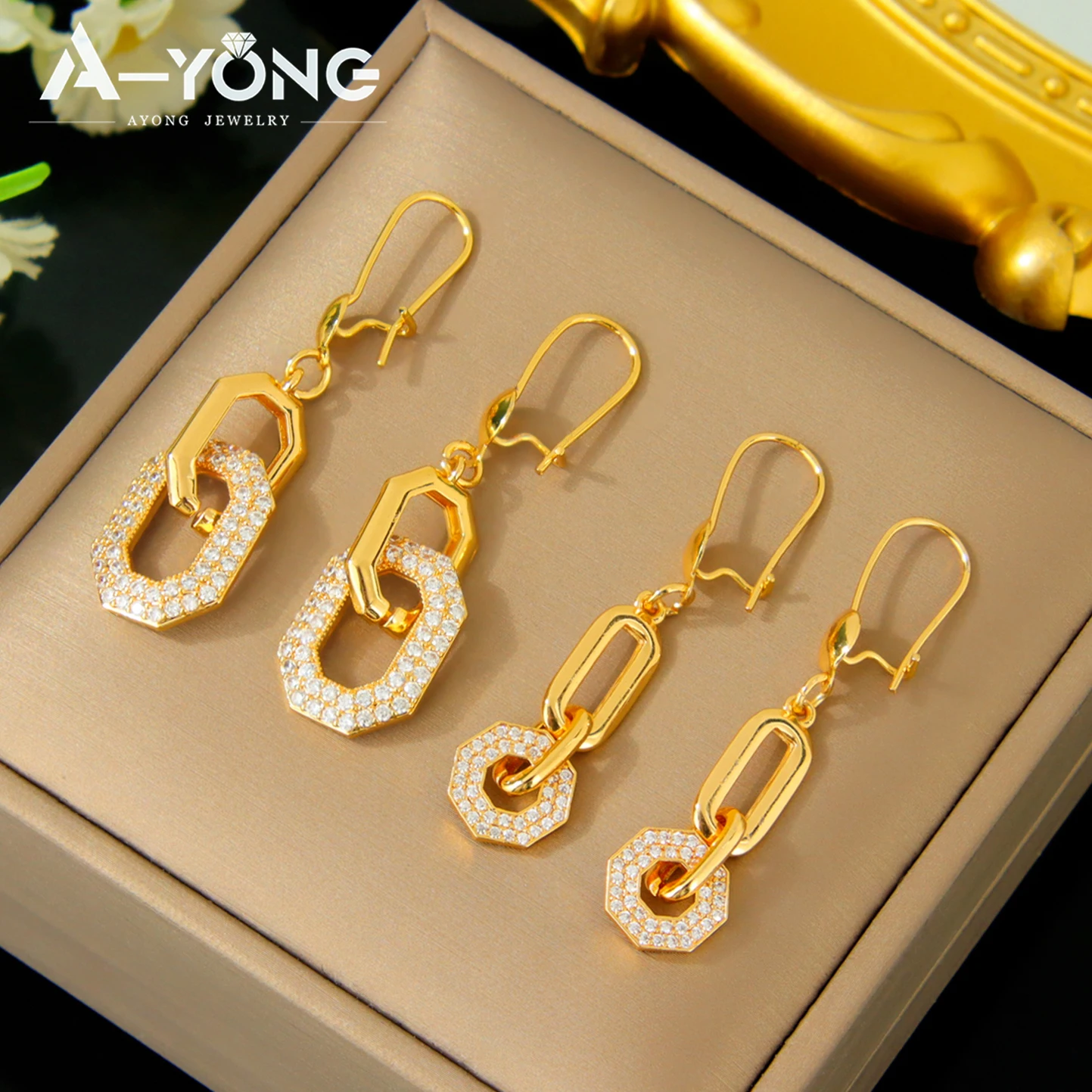 Dubai Mode Zirkonia Tropfen-Ohrringe 21k Vergoldet Italienische Geometrische Elegante Hängeohrringe Arabischer Frauen-Schmuck für Veranstaltungen und Partys