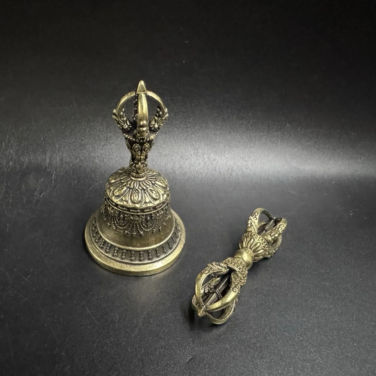 Tibetan Five-Spoked Vajra Bell&Dorje Set Antique Finish Ritual Items Mini Size
