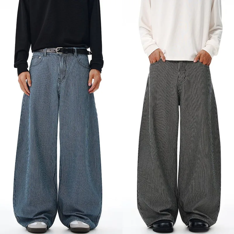 

2025 Autumn Winter Loose Black Striped Jeans for Men American Retro Casual Knife Shape Baggy Men Jeans