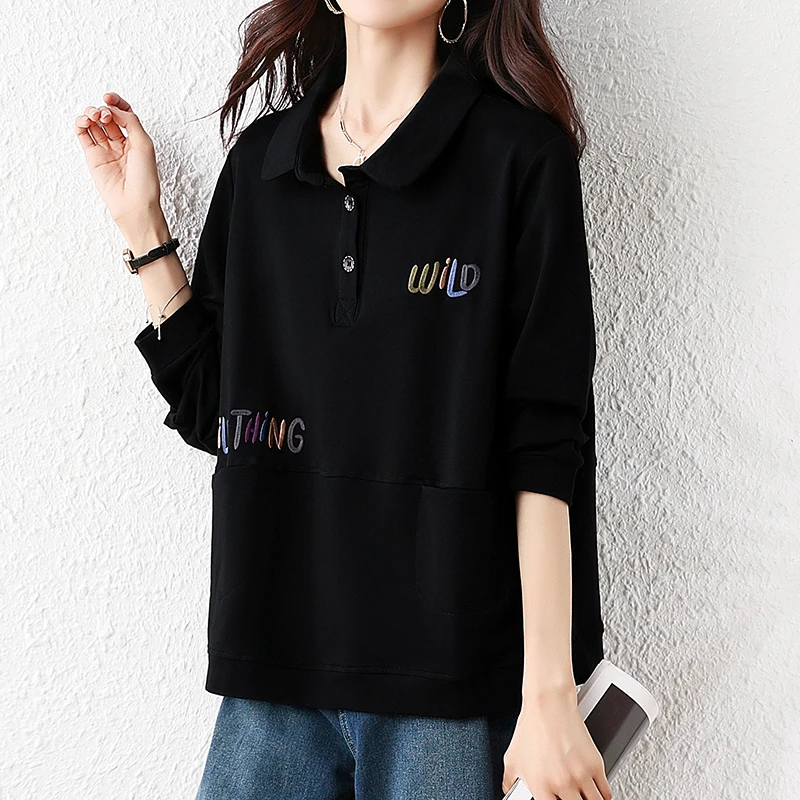 بلوزات نسائية شتوية مطرزة بحروف بلوفرات شتوية فضفاضة غير رسمية بأكمام طويلة وياقة مقلوبة وجيب علوي