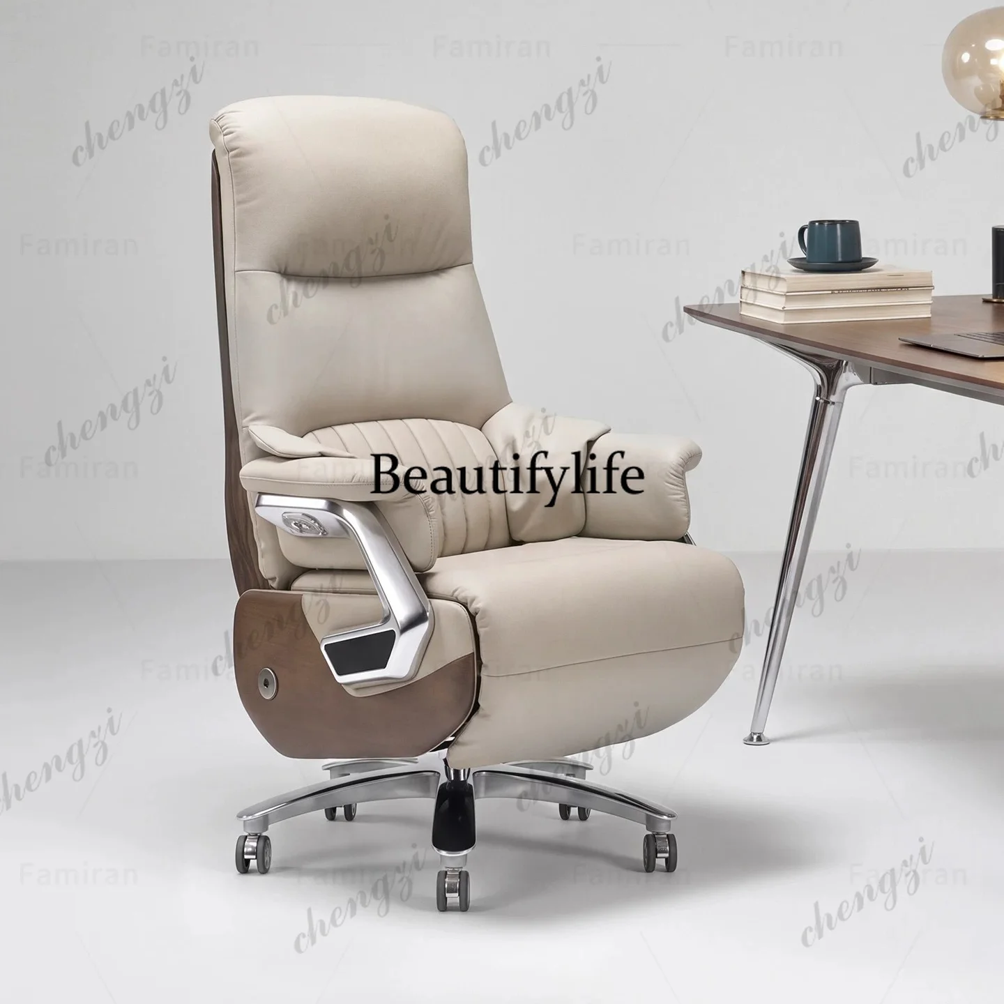 Cadeira de escritório ergonómica com apoio lombar e pedal, cadeira de computador, cadeira de escritório elétrica com revestimento em couro de primeira