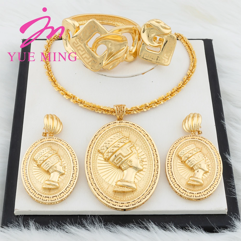 YM Dubai Gold Color Jewelry Set For Women Luxury Brazil Necklace Earring Bracelet Ring Trending Pharaoh Pendant with 60cm Chain