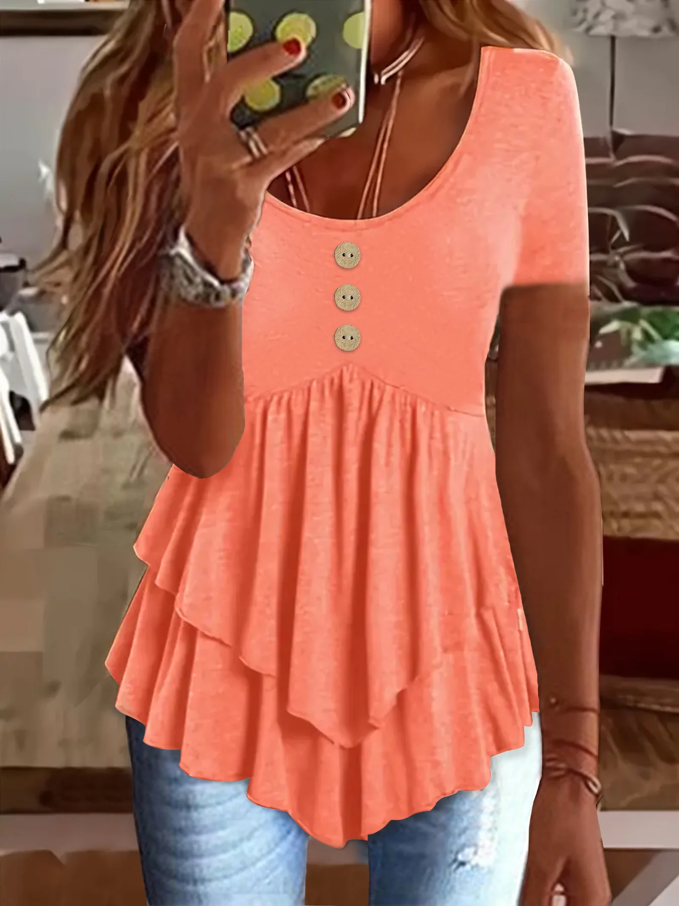 

2025 Summer Women's Sweet T-shirt White Casual Pullover Fashion Three-button 12 Color Top Short-sleeved Tees for Female