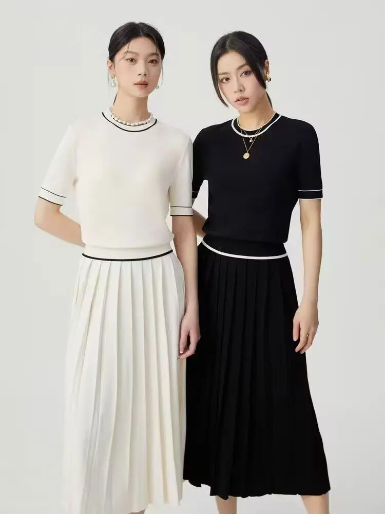 

Korean Style Womens Two Peice Sets Summer Knitted Short-sleeved Top and High-waisted Mid-length Pleated Skirt Lady Suit 스커트 세트