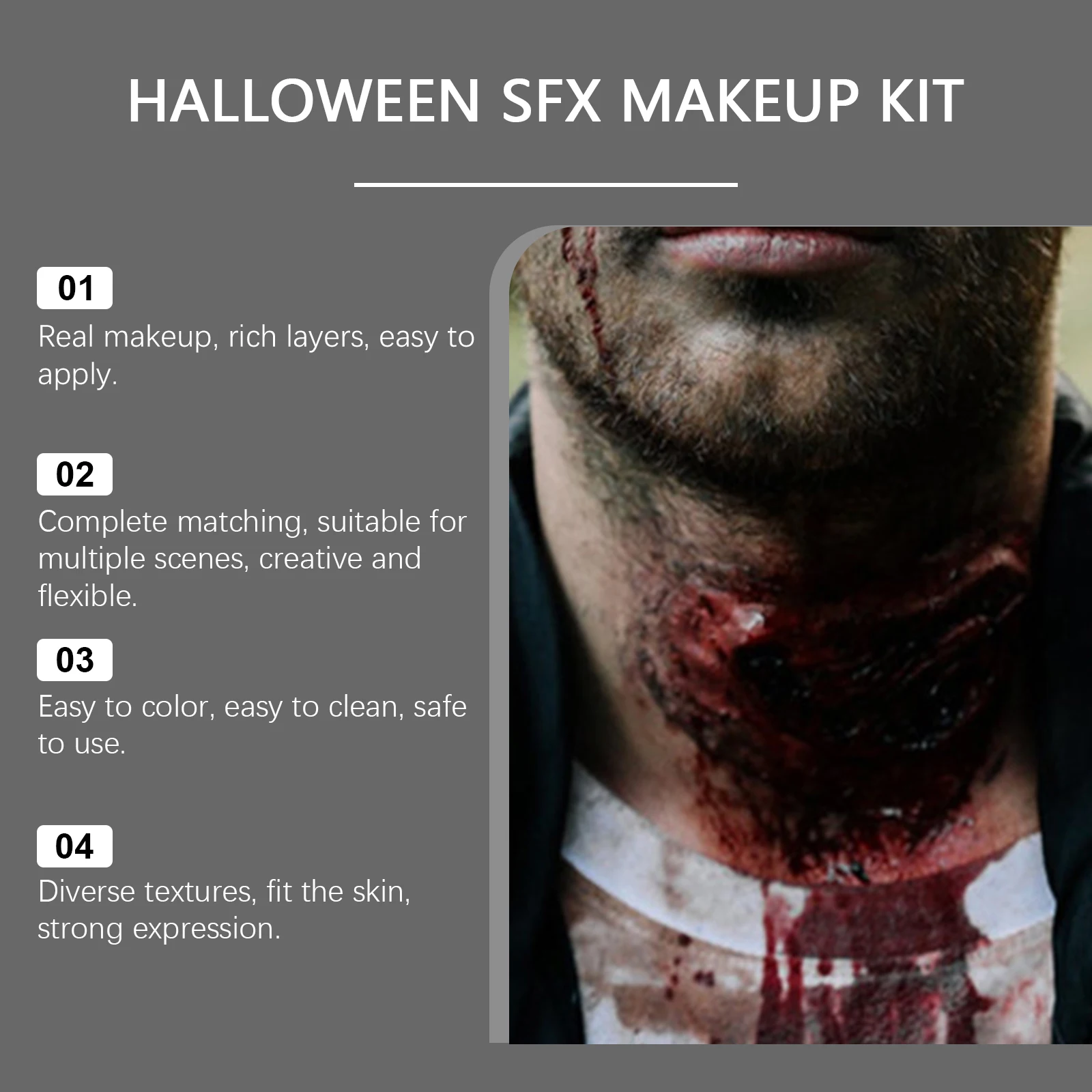All-in-One Halloween SFX Makeup Kit with Scar Wax Coagulated Blood Gel Liquid Latex Pro 3D Fake Wound Special Effects Makeup Set