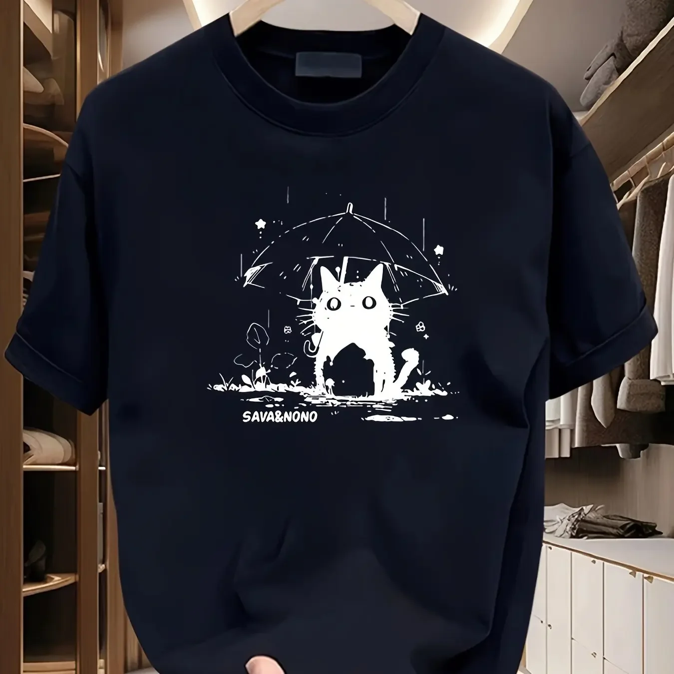 Men Cute Black Cat Holding‑Umbrella Sketch SAVA&NONO Letter Graphic O‑neck White Short‑Sleeve T‑shirt Loose Unisex Casual Tops