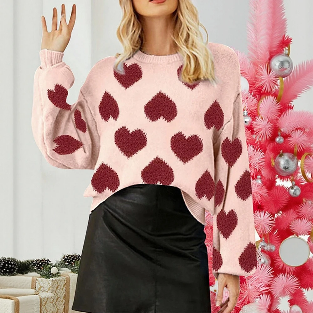 

Розовый жаккардовый пуловер с пышными рукавами для женщин, свободный сладкий дизайн Love, тема ко Дню святого Валентина, новый продукт