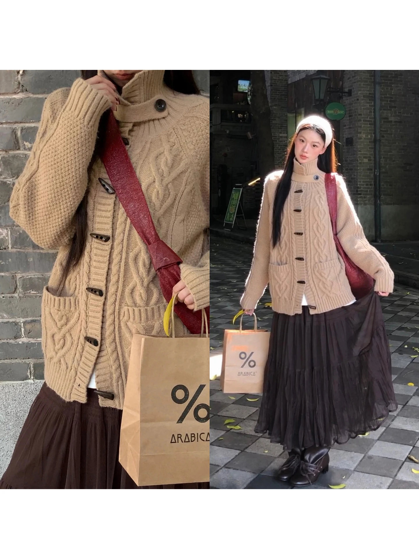 

Red Celebri Knitted Open Cardigan Women's Autumn Winter Faion 2025 New Horn Buttoned Top Khaki Retro Sweater Jaet