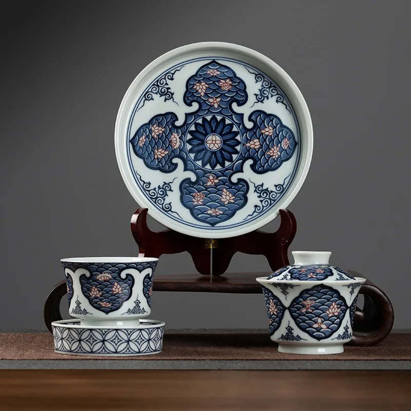 High Quality Yan Jiang Glazed Red Sea Flower Cover Teacup Household Chinese Retro Ceramic Brewing Bowl Set Suit