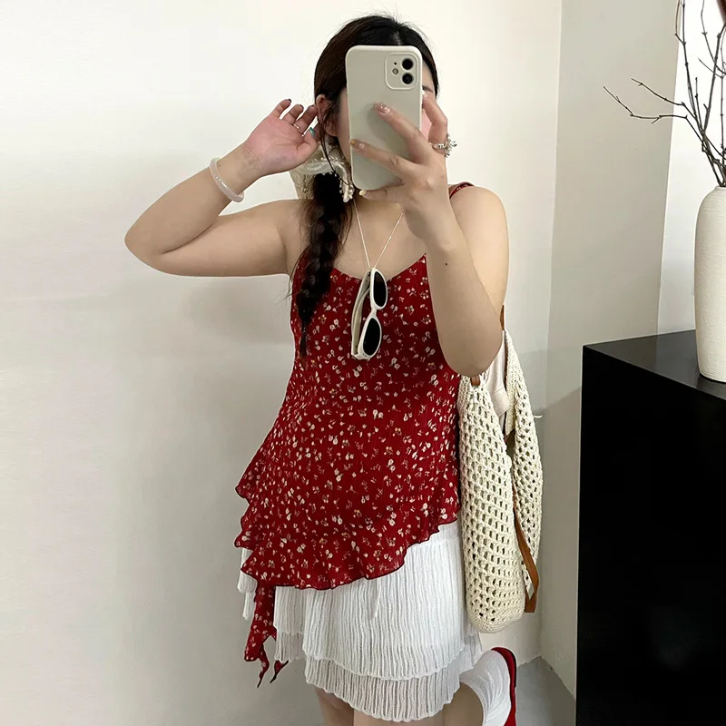 

2026 Summer Plus Size Women Floral Camisole Irregular Ruffle Tank Top Sleeveless Vest Inner & Outer Wear For Curvy Ladies