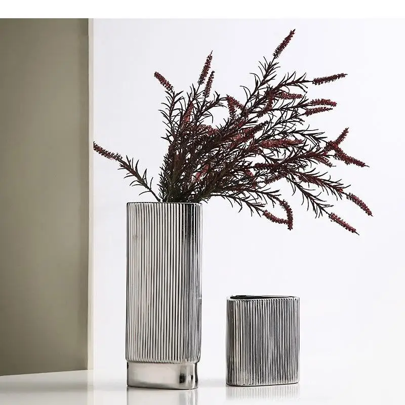 Silver-plated Vertical Grain Ceramic Vase Desk Decoration Geometric Shape Floral Vases Flower Pots Decorative Arrangement