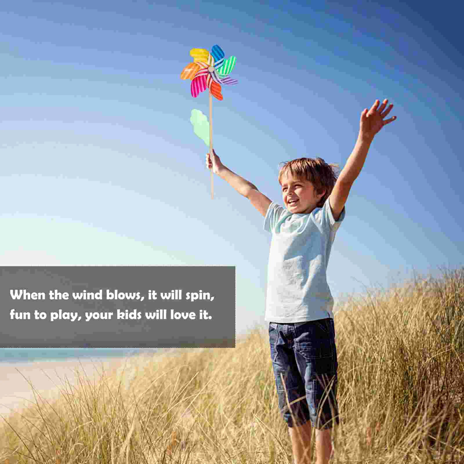 6 pçs colorido vara de madeira moinhos de vento rotativa jardim decorativo crianças diy brinquedos handheld festa cataventos haste plástico diversão ao ar livre