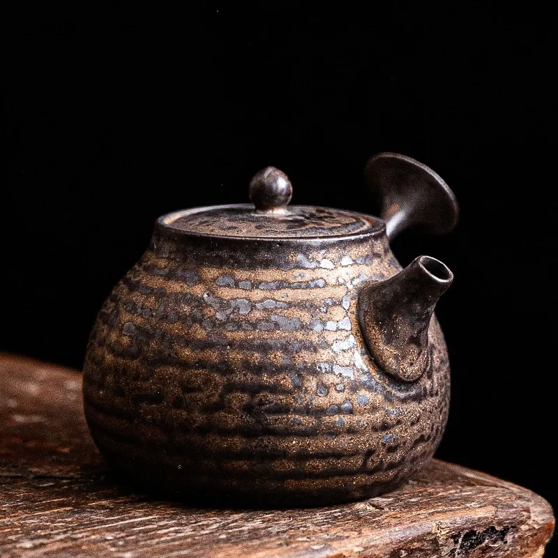 Old Rock Mud Rough Pottery  Tea Pot Retro Black gold Teapot  Kettle  Ceremony Making Single Pot Ceremony