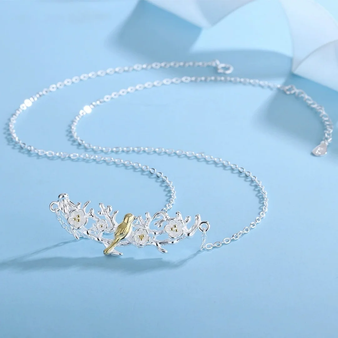 Uini-Tail hot new 925 sterling silver simple rich plum bird necklace bird language floral design small fresh pendant  XL107