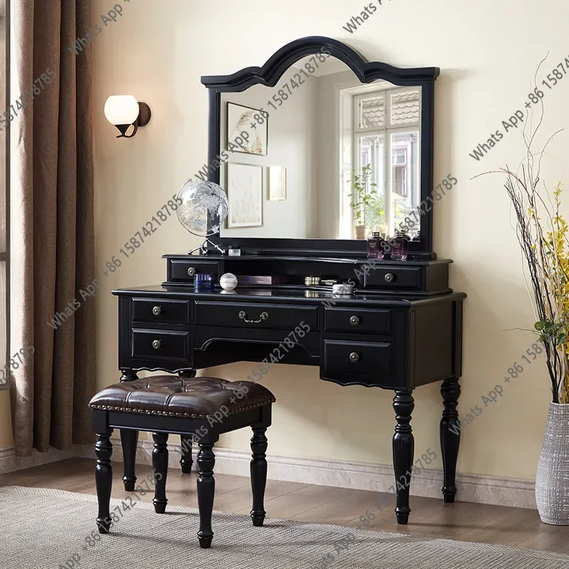 C Black Retro All-solid Wood Dresser, Bedroom Multi-pump Makeup Table, American Villa Makeup Table Integrated