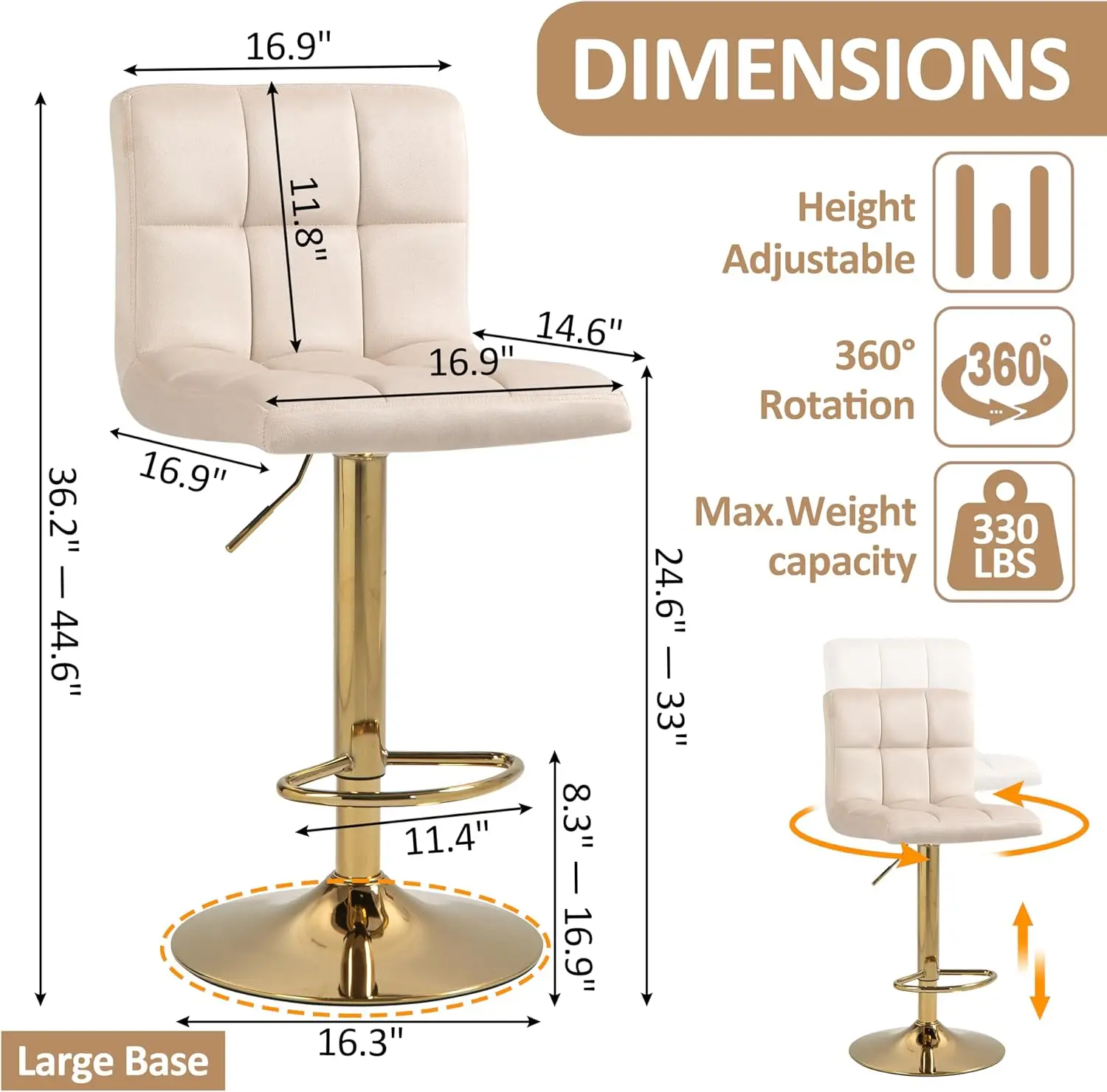 Finnhomy-Taburetes de Bar dorados, Juego de 2 taburetes de terciopelo, bartaburetes giratorios con reposapiés y respaldo de cojín grueso en forma de L