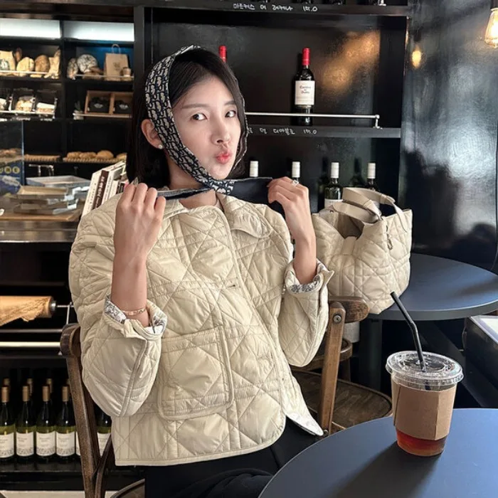 Korean Style Retro Fashionable Cotton Insert Collar Diamond Pattern Jacket Ladies Coat Elegant Quality 2026 Winter Collection