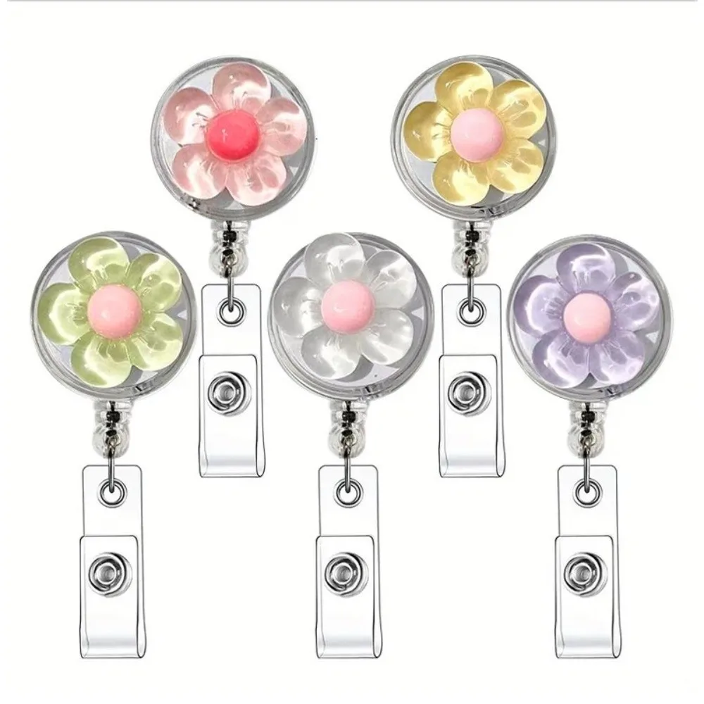 Cute Floral Badge Reel Transparent Doctore Nurse Worker ID Card Pull Buckle Retractable Durable ID Card Badge Holder Clip