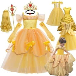 2024 Girl Princess Dress Beauty And Beast Cosplay Costume Belle Praty Yellow Luxury Wedding Ball Gown Kid Carvinal Fancy Clothes