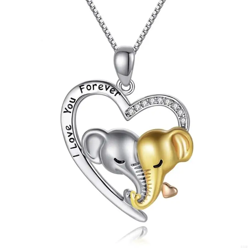 D46E Mom and Baby Lucky Elephant Necklace Mother Daughter Heart Pendant Silver I Love You Forever Mother'Day Gifts for Women